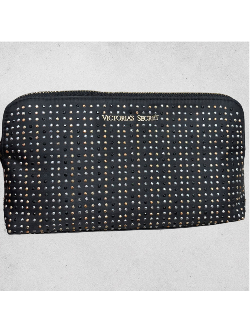 Women's Victoria's Secret Cosmetic Bag One Size Black Gold Rhinestone